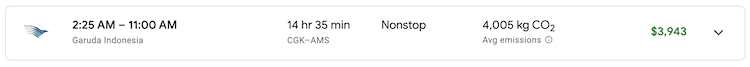 Google Flights cash price CGK-AMS first class