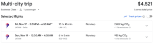 Google flights cost to Santiago with LATAM