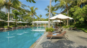 Pool area outside the Hilton Garden Inn Bali Ngurah Rai Airport.