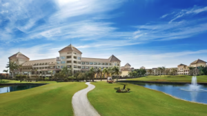 Golf course and walkway outside of the Hilton Pyramids Golf.