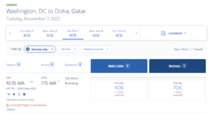 Screenshot showing American Airlines AAdvantage award example on Qatar Airways from Washington DC to Doha