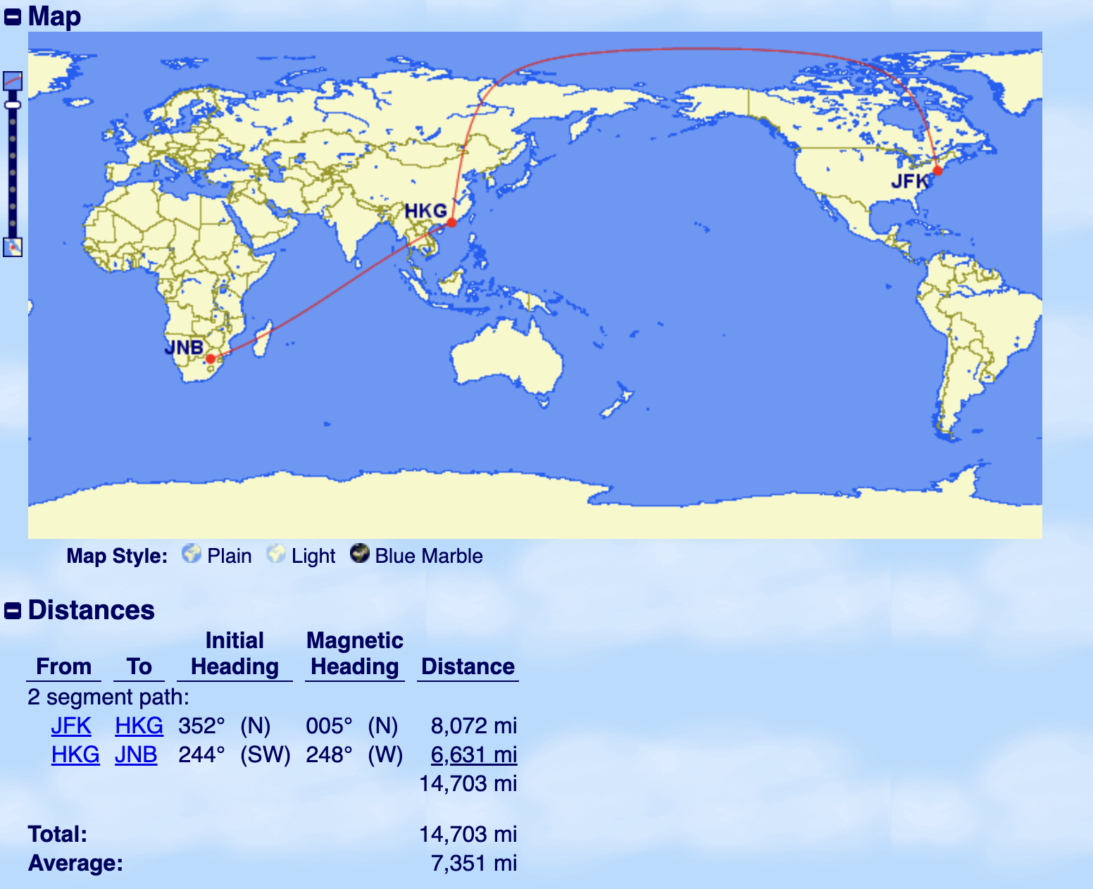 Globe showing the long flight from JFK to JNB via HKG