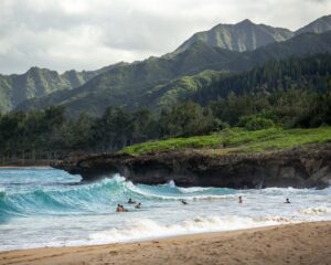 people surf and play in the ocean at a beach in Hawaii