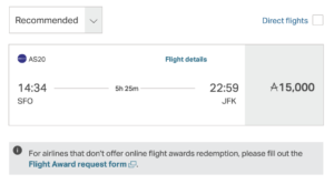 Alaska Airlines redemption from San Francisco to New York using Asia Miles
