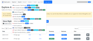 Screenshot of Seats.Aero page with dropdown of supported airline programs