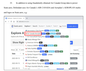 Screenshot of the Air Canada lawsuit against Seats.Aero showing how Seats.Aero displays the Aeroplan trademark