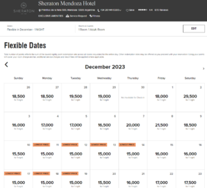 Marriott award calendar showing Sheraton Mendoza for as few as 15,000 points per night