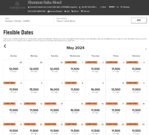 Marriott award calendar showing Sheraton Salta Hotel bookable for 11,500 points per night