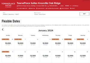 Marriott award calendar showing TownePlace Suites Knoxville Oak Ridge for as few as 10,000 points per night