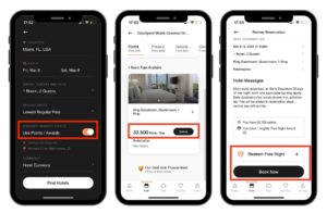 Marriott App screenshots showing how to make a redemption
