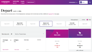 Screenshot of Hawaiian Airlines award prices when booked using HawaiianMiles