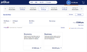 Screenshot of Hawaiian Airlines award prices when booked through JetBlue
