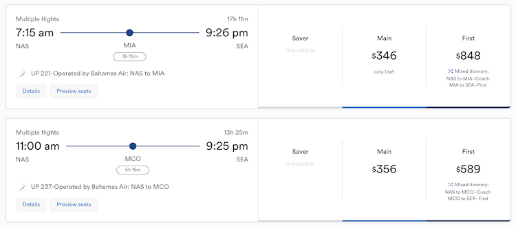 Alaska Airlines Bahamasair connecting ticket NAS-SEA