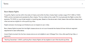 Screenshot of the Alaska Mileage Plan terms and conditions for Ravn Alaska highlighting elite qualifying miles addition