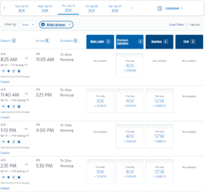 BA award availability on AA from LHR to JFK