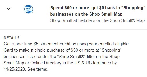 Amex Offer for cash back on a purchase from a small business