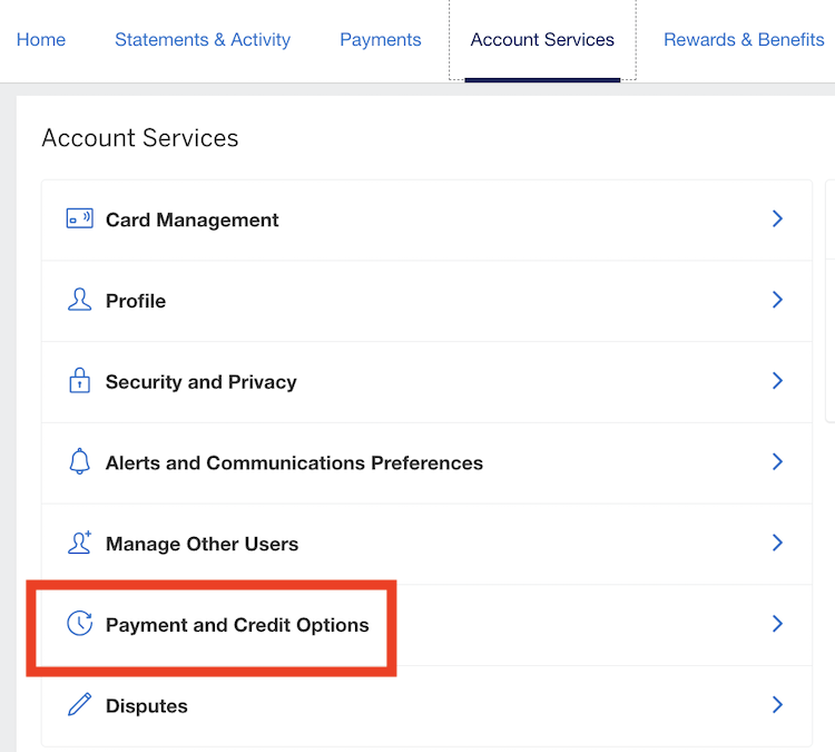 Amex account payment credit options in menu