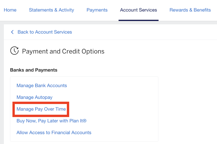 Amex manage Pay Over Time option in account