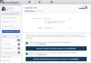 Screenshot showing Capital One integration into AwardWallet