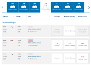 BA award availability from LHR to JFK