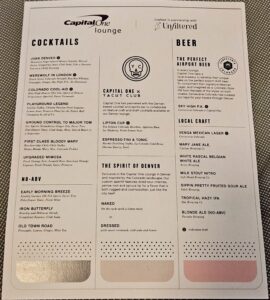 Capital One Lounge Denver cocktail menu