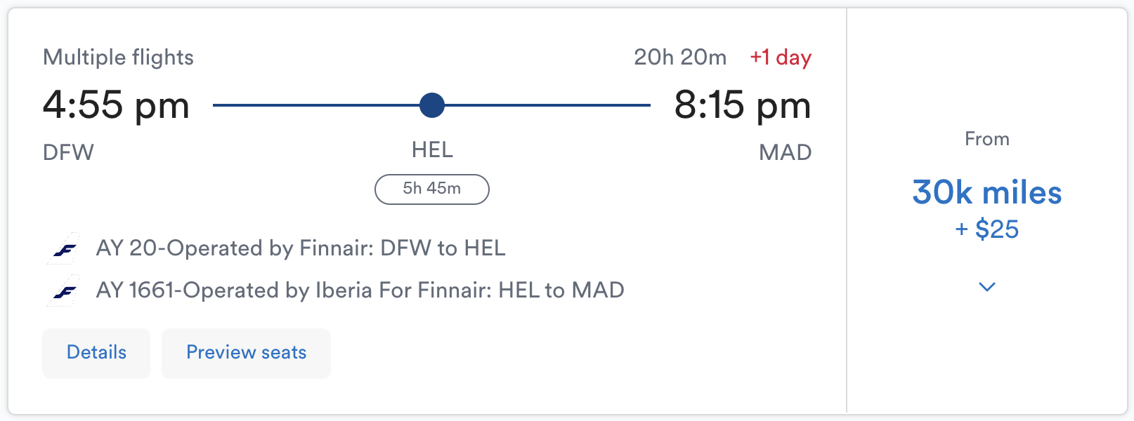 Fly Finnair between DFW and MAD with a stopover in HEL for 30,000 Mileage Plan miles — in economy class.