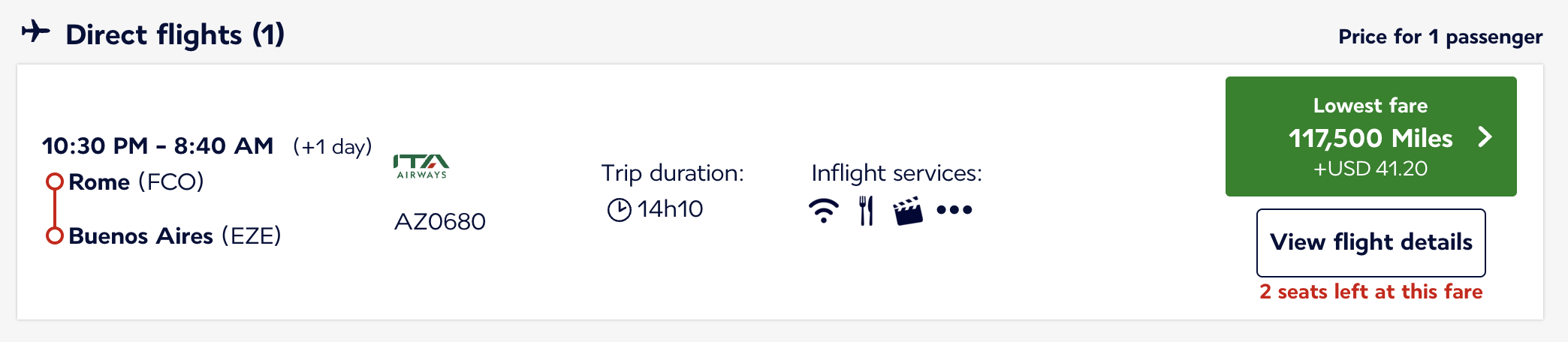 FCO to EZE on ITA Airways for 117,500 Flying Blue miles.