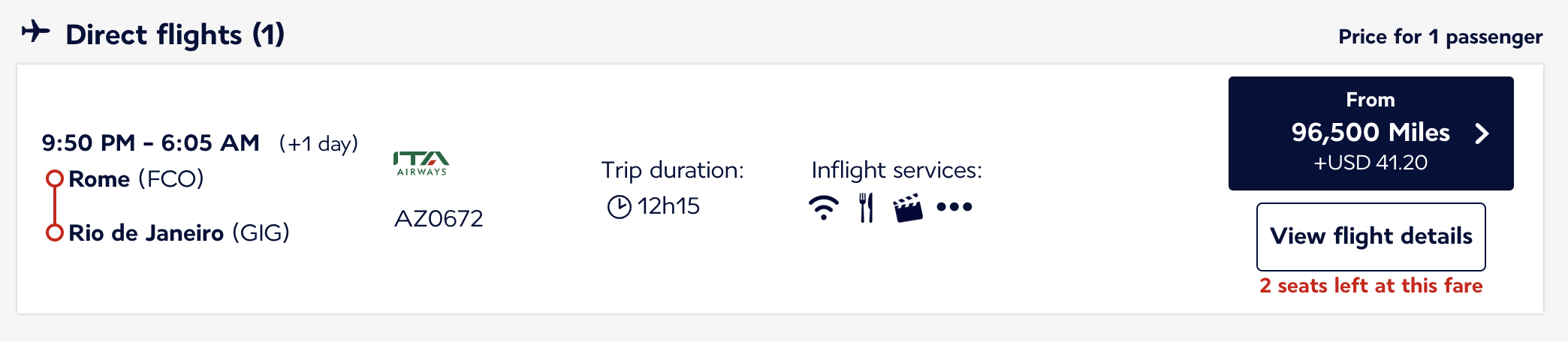 FCO to GIG on ITA Airways for 96,500 Flying Blue miles.