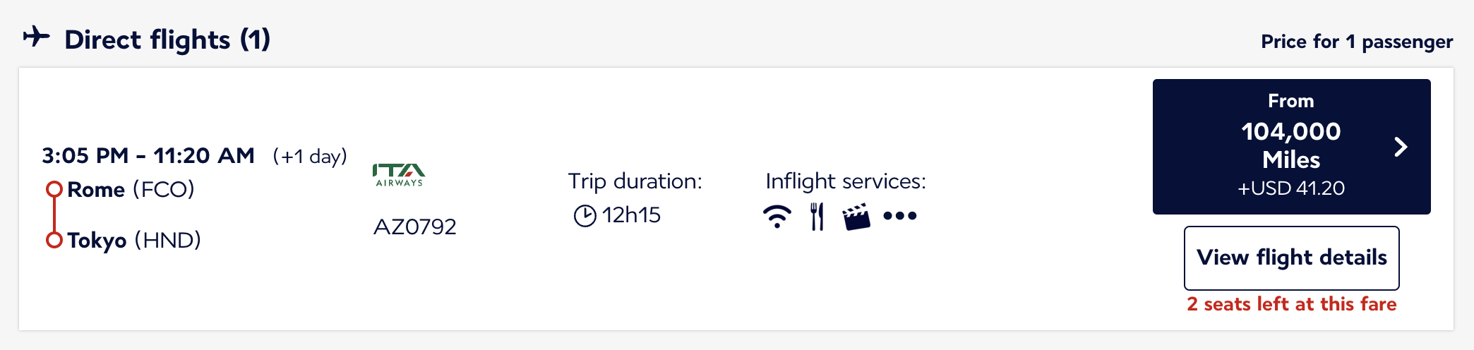 FCO to HND on ITA Airways for 104,000 Flying Blue miles.