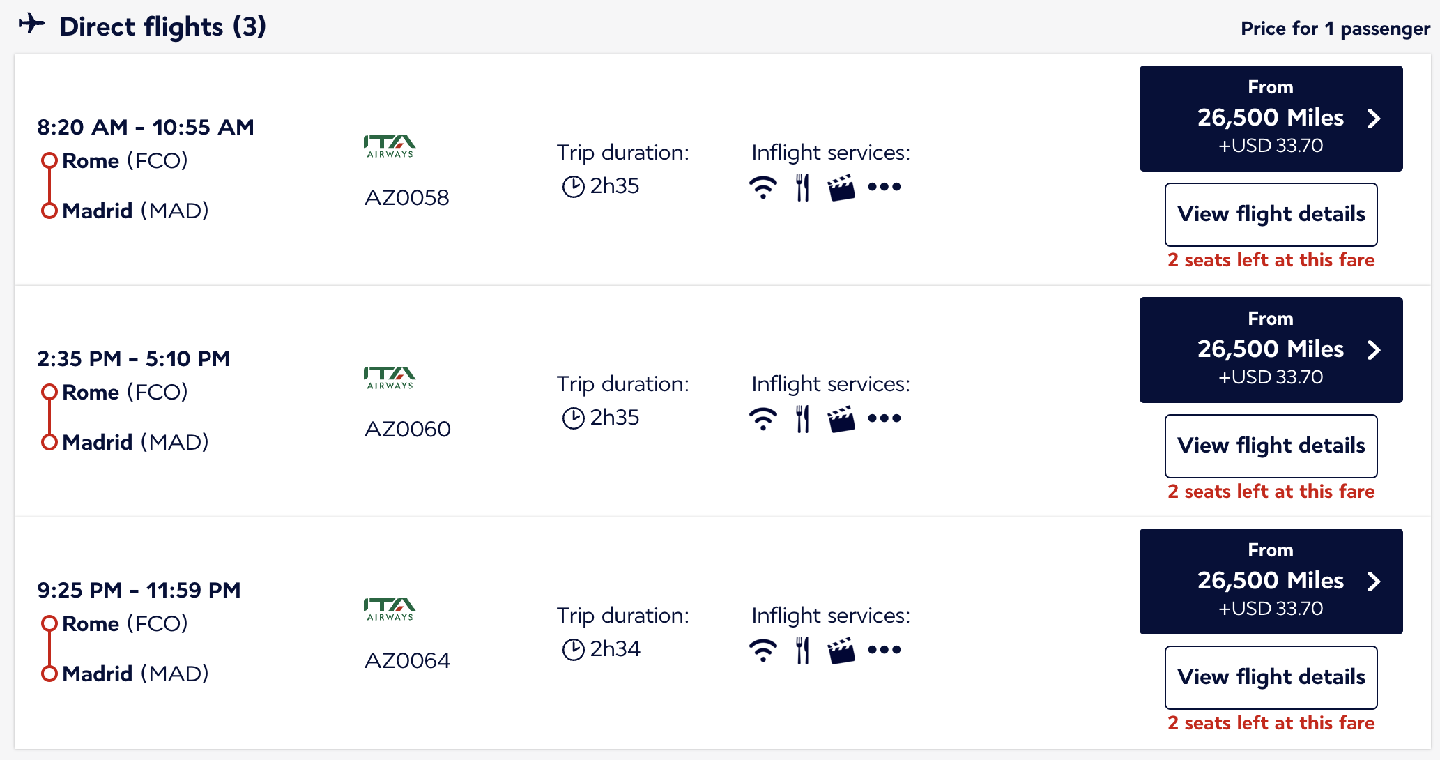 FCO to MAD on ITA Airways for 26,500 Flying Blue miles.
