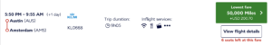 AUS to AMS in KLM business for 50,000 Flying Blue miles.