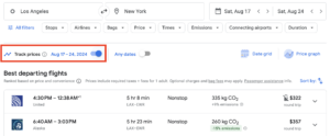 screenshot of a Google Flights search highlighting how you can set price alerts