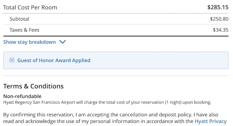 Hyatt Guest of Honor award confirmed on payment page