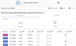 Screenshot of ITA Matrix search results showing JetBlue flights with I fare availability