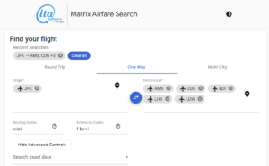 Screenshot showing ITA Matrix search parameters for finding JetBlue Mint awards bookable using Qatar Avios