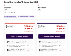 IAD to SAV for 7,800 Velocity points in economy and 15,500 in business/domestic first.