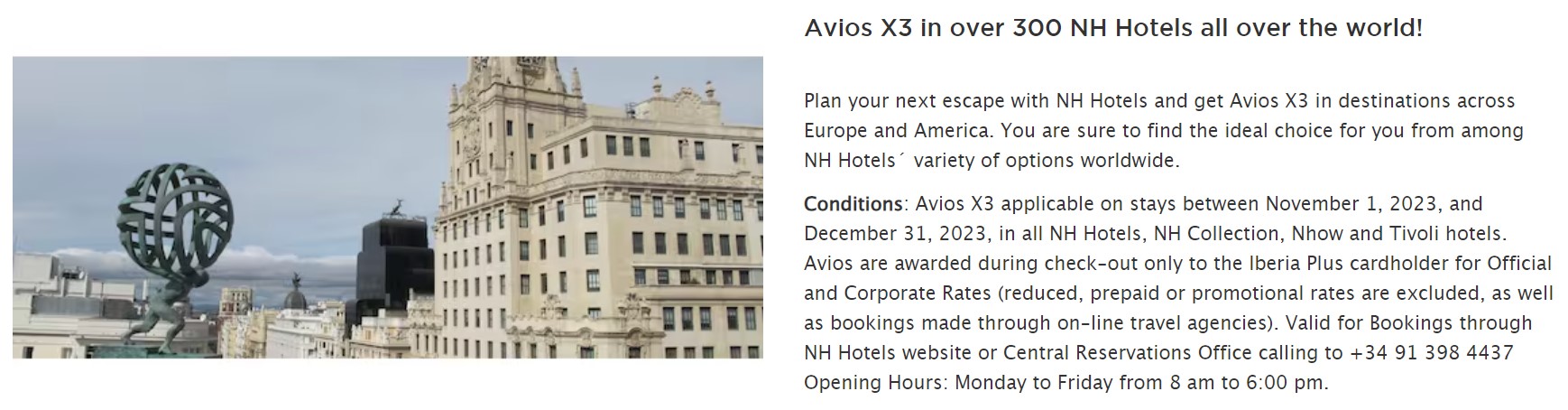 Iberia Plus promotion banner for 3X Avios at NH Hotels