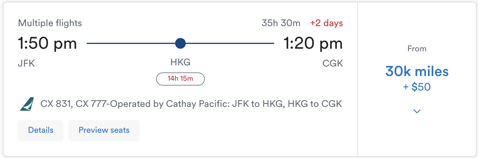 Fly Cathay Pacific between JFK and CGK with a stopover in HKG for 30,000 Mileage Plan miles — in economy class.