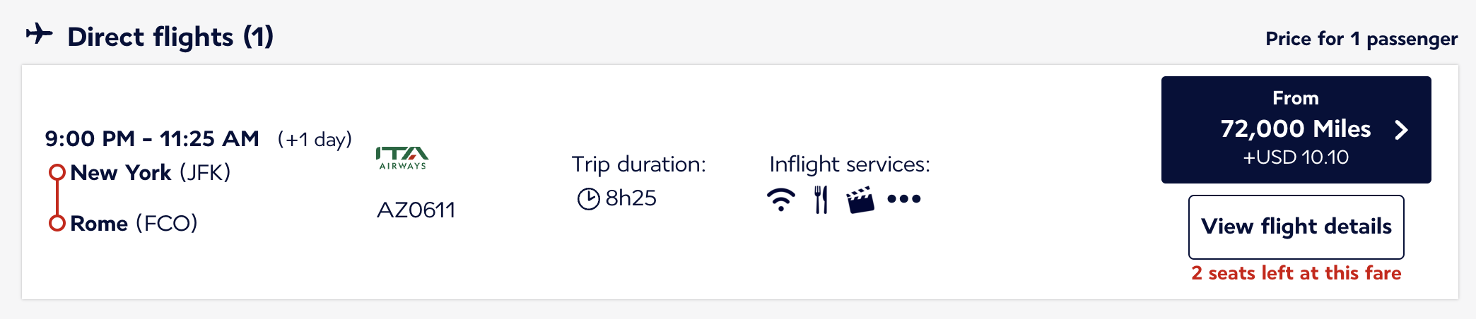 JFK to FCO on ITA Airways for 72,000 Flying Blue miles.