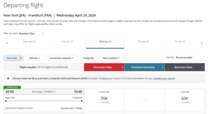 Aeroplan award booking on Singapore Airlines business class from New York to Frankfurt