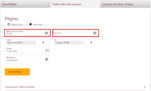 Qatar award search for JetBlue award from JFK to LHR