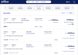 Screenshot showing Qatar award flight bookable through JetBlue TrueBlue from Dallas to London via Doha