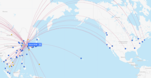 Korean Airlines route map highlighting North American destinations