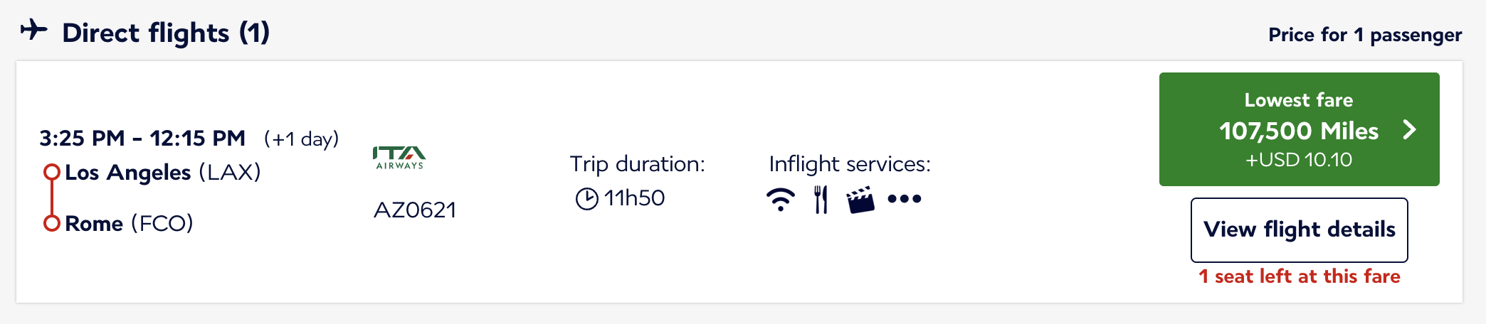 LAX to FCO on ITA Airways for 107,500 Flying Blue miles.