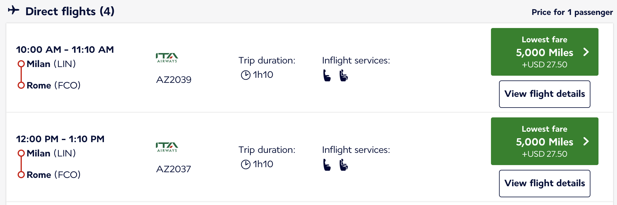 LIN to FCO on ITA Airways for 5,000 Flying Blue miles.