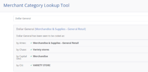 AwardWallet Merchant Category Lookup Tool results for Dollar General