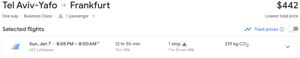 Example of a short-haul, intercontinental business class flight under Lufthansa's new status program, paying $442 for Tel Aviv to Frankfurt