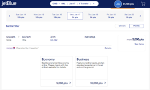 Screenshot showing intra-Hawaii award rates when booked through JetBlue