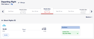 screenshot of Flying Blue award from Portland to Amsterdam for 50,000 miles in business class