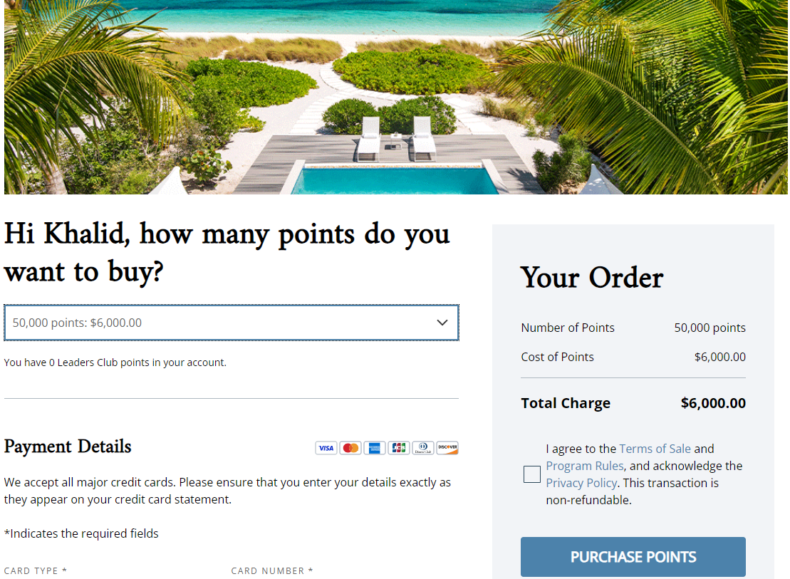 Screenshot showing the ability to buy Leading Hotels of the World Leaders Club Points for 12 cents each